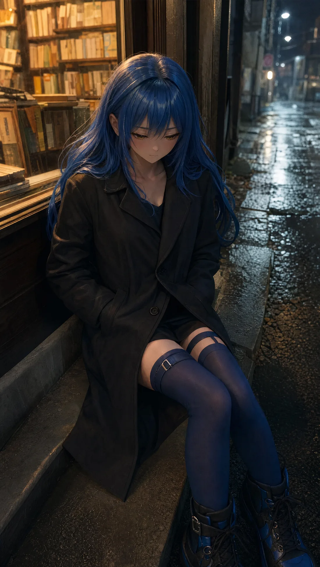 Waifu Agent sitting on bookshop steps in a wet alley at night