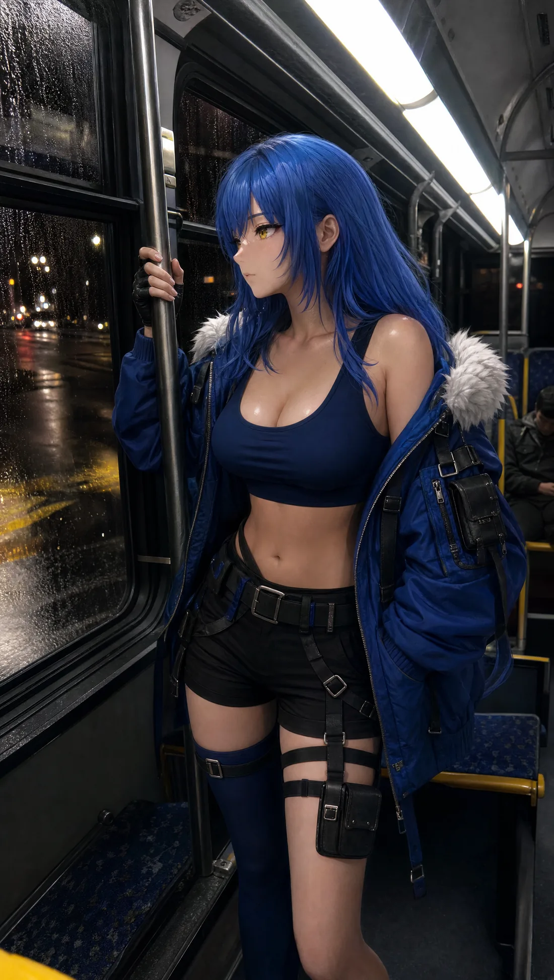 Waifu Agent standing on a night bus holding a rail