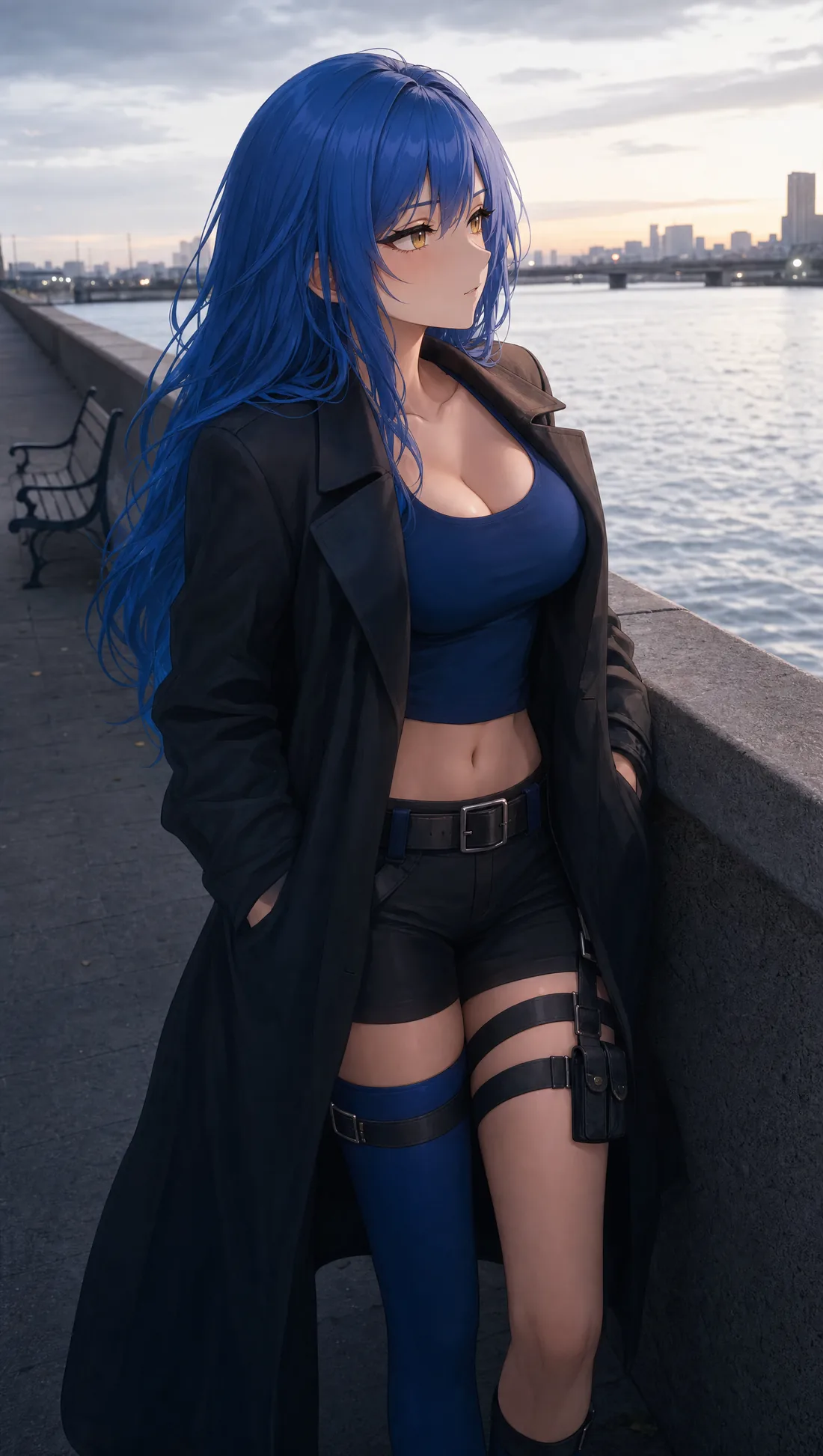 Waifu Agent in a long coat by a riverside at dusk